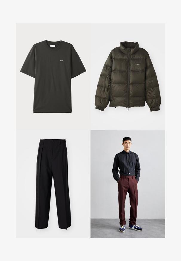 Dark green puffer jacket with a high collar, zip closure, elastic cuffs, and side pockets. Features a quilted texture and minimal branding.; NN.07 ADAM EMB - Basic T-shirt - khaki; Black pleated trousers with a straight, wide-leg design. Made from smooth fabric, featuring a button closure and belt loops.; Black, long-sleeve button-up shirt paired with high-waisted, burgundy trousers and blue sneakers with green accents. Model stands hands in pockets.