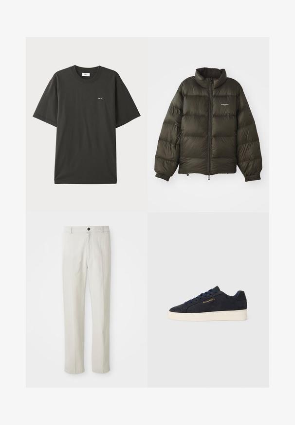Giacca a vento verde scuro con colletto alto, chiusura zip, polsini elasticizzati e tasche laterali. Presenta una texture trapuntata e un branding minimale.; NN.07 ADAM EMB - T-shirt basic - khaki; Pantaloni beigi a gamba dritta con passanti per cintura, bottone frontale e chiusura con zip, esposti in piano su uno sfondo bianco.; Sneaker bassa in suede blu navy con suola bianca, lacci blu navy e logo "Filling Pieces" in oro sul lato.