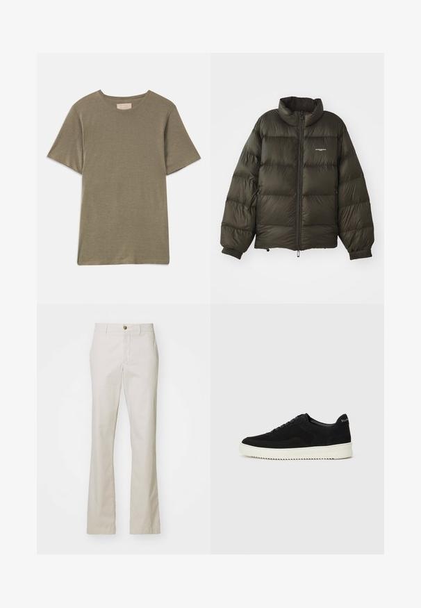 Jachetă pufosă de culoare verde închis, cu guler înalt, închidere cu fermoar, manșete elastice și buzunare laterale. Prezintă o textură matlasată și un branding minimal.; Tricou din bumbac cu mânecă scurtă, de culoare verde măsliniu, cu decolteu rotund, fabricat dintr-un material moale. Prezintă un tiv drept și nu are modele sau accente vizibile.; J.LINDEBERG LOIS CLOUD PANTS - Pantaloni - moonbeam; Adidași negri din suede cu design cu șireturi și talpă din cauciuc alb contrastant. Prezintă panouri laterale texturate și branding subtil pe toc.