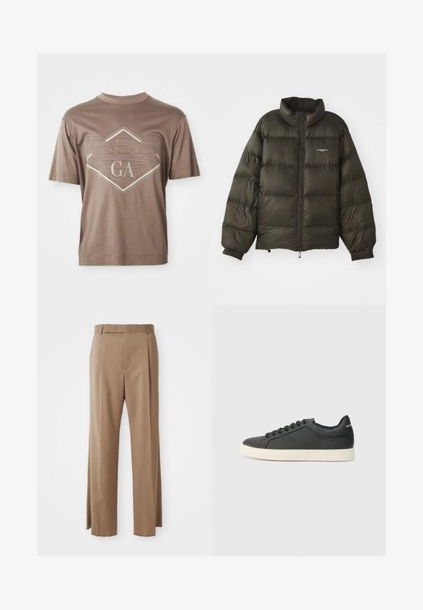Tumši zaļš pūkains jaka ar augstu apkakli, rāvējslēdzēju, elastīgām aprocēm un sānu kabatām. Tam ir quilted (izšūta) tekstūra un minimāls zīmols.; Brūns īsām piedurknēm T-krekls ar izšūtu ģeometrisku emblēmu un centrētiem burtiem "GA" krūtīs.; Gai brūni pielāgoti bikses ar taisnām kājām, jostu cilpām, priekšējo šuvi un slēptu aizdari, izvietoti uz baltas virsmas.; Melna ādas kedas ar zemu profilu, noapaļotu purngalu un savelkamu aizdari; ar teksturētu gumijas zoli un logotipa detaļu uz papēža.