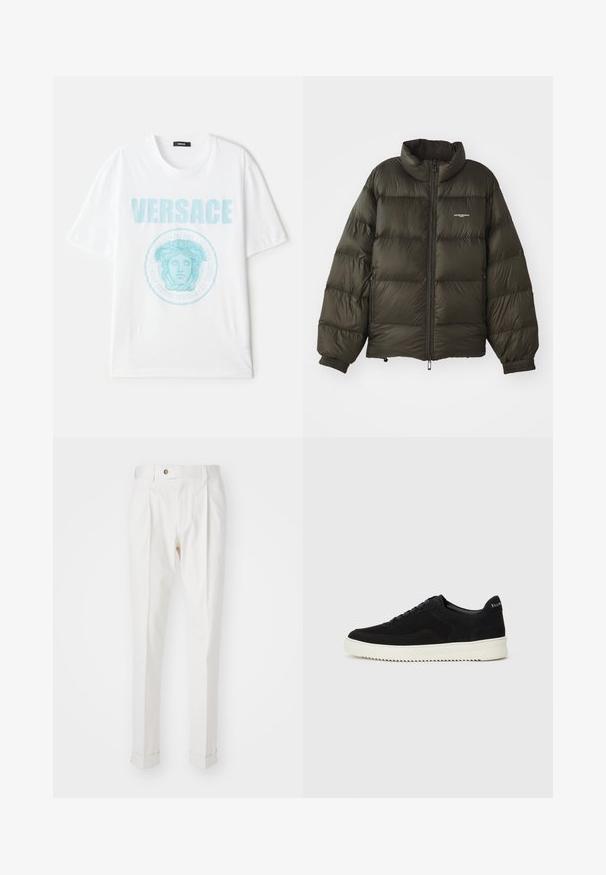 Dark green puffer jacket with a high collar, zip closure, elastic cuffs, and side pockets. Features a quilted texture and minimal branding.; White cotton T-shirt with a round neckline, featuring a turquoise graphic of Medusa and "VERSACE" text prominently displayed.; White, tailored trousers with a flat front, two pleats, and rolled cuffs. Made of a smooth fabric with a button closure at the waist.; Black suede sneaker with lace-up design and contrasting white rubber sole. Features textured side panels and subtle branding on the heel.