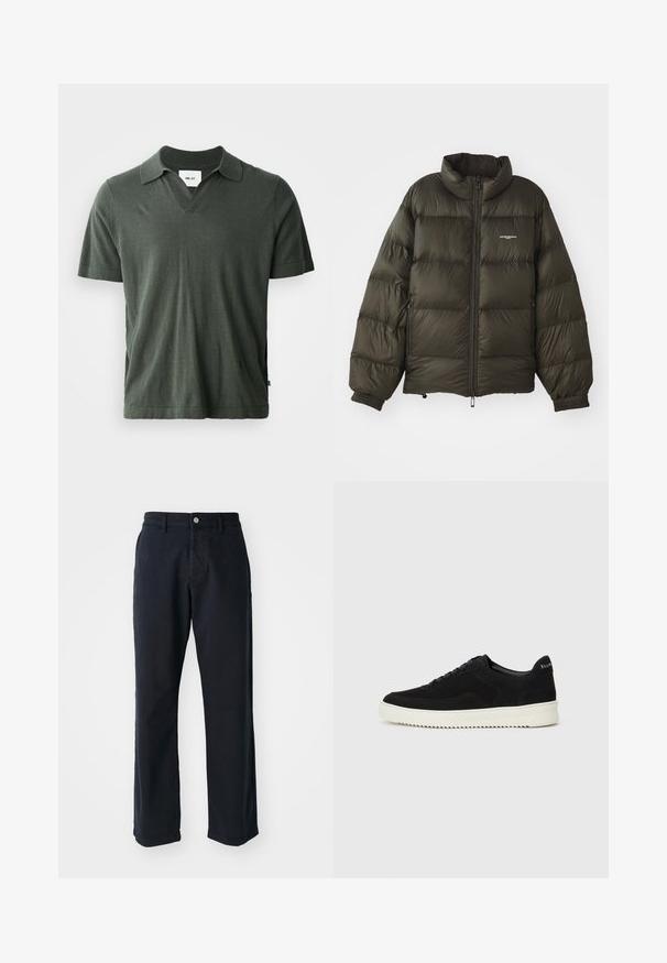 Mörkgrön puffjacka med hög krage, dragkedja, elastiska ärmslut och sidofickor. Har en quiltad textur och minimal varumärkesinformation.; Mörkgrön kortärmad polo med V-hals, tillverkad av mjukt tyg, med rak fåll och sidofickor för extra komfort.; Marinblå bomullbyxor med rakbenad design, försedda med en framknäppning och två sidofickor. Slät textur, inga synliga mönster.; Svarta mockaskor med snörningsdesign och kontrasterande vita gummisulor. Har texturerade sidopaneler och diskret branding på hälen.