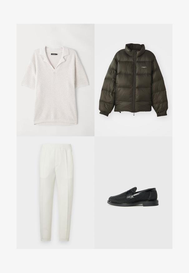 Dark green puffer jacket with a high collar, zip closure, elastic cuffs, and side pockets. Features a quilted texture and minimal branding.; Short-sleeve, lightweight knitted polo in off-white with textured pattern, ribbed collar, and hem detailing. Designed for breathability.; White slim-fit pants with an elastic waistband, featuring two side pockets and a smooth, slightly shiny texture.; Black woven slip-on shoe with a smooth leather accent on the upper, a round toe design, and a low-profile rubber sole.