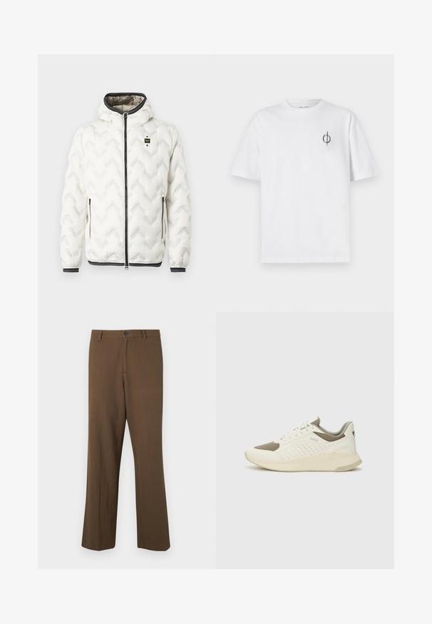 Weiße Daunenjacke mit Kapuze, ausgestattet mit einem gesteppten Zickzack-Muster, schwarzem Reißverschluss und Bündchen mit weißen Streifen. Leicht und isoliert.; Weißes Baumwoll-T-Shirt mit lockerer Passform, das ein kleines schwarzes Grafiklogo auf der linken Brustseite aufweist. Kurze Ärmel, Rundhalsausschnitt.; Braune, gerade geschnittene Hosen aus strukturiertem Stoff, mit Knopfverschluss und normalem Bund, seitlichen Taschen und taillierten Nähten.; Weiße und hellbeige Sport Sneakers, ausgestattet mit einem Obermaterial aus Netzgewebe, perforierten Details und einer strukturierten Zwischensohle mit Branding an der Ferse.