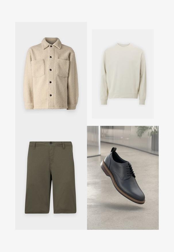 Beige jakke med fleecefleece, krave, to frontlommer og sorte knaplukninger. Tekstiler med synlige sømdetaljer.; Lys beige sweatshirt lavet af blødt stof med rund hals, lange ærmer og ribbede manchetter og kant. Minimalistisk design uden synlige mønstre.; Kaki shorts lavet af robust stof med flad front, bæltesløjfer og knaplukning; har to sidelommer og pæne syninger.; Herres sorte læder dress sko med rund tå, detaljeret syning, fremtrædende snørebånd og en brun sål akcent. Designet med en løftestrop.