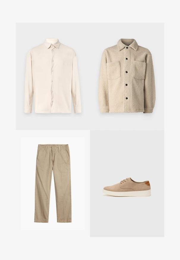 Beige, fleece'iga voodriga jakk, millel on kaelus, kaks esipoolset taskut ja mustad nupud. Tekstureeritud kangas nähtava õmbluse detailiga.; Kergelt beeži pikkade varrukatega särk, millel on vertikaalne ribatekstuur, klassikaline krae ja esine nööb closure koos sobivate nööpidega.; Beeži sirged säärte chinos-püksid, millel on vööloopide, esipainutatud nupud ja tõmblukk ning kaldega esikotid.; Beežid nahast tossud ümarate varvastega, paeltega esiosa ja tekstuuriga tagakontuuriga. Valge kummist tallapakkumine loob kontrasti. Lihtne ja kaasaegne disain.