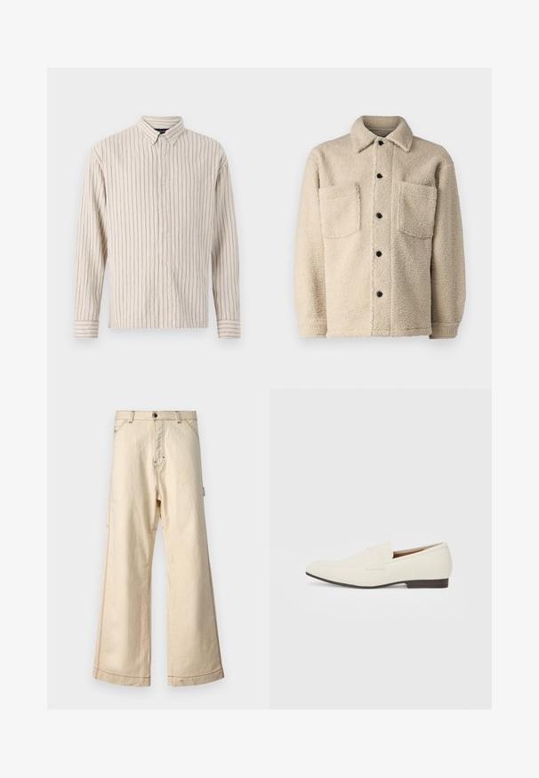 Beige, fleece'iga voodriga jakk, millel on kaelus, kaks esipoolset taskut ja mustad nupud. Tekstureeritud kangas nähtava õmbluse detailiga.; Kreemivärvi nööpidega särk, millel on vertikaalsed triibud. Valmistatud tekstureeritud kangast, omab kraed, pikkade varrukate ja ees nööpidega kinnitust.; Beige laiad jalgadega püksid, mis on valmistatud puuvillast ja millel on lukk ja nööp, kontrastsete õmbluste ja küljetaskutega.; Heledadbeez loafers, millelise lõpp, sile materjal, rihm üle vampi ja madal pruun talla. Lihtne disain minimaalse aktsentidega.