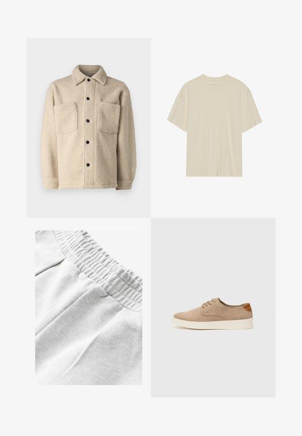 Beige bunda s fleecovou podšívkou, s límcem, dvěma předními kapsami a černými knoflíky. Texturovaná látka s viditelným prošíváním.; Krémové tričko s krátkým rukávem, které má jemnou pruhovanou strukturu a kulatý výstřih, vyrobené z lehkého materiálu.; Šedé bavlněné tepláky s elastickým pasem, mají boční kapsy a měkkou, strukturovanou tkaninu pro větší pohodlí.; Béžové semišové tenisky s kulatou špičkou, šněrováním vpředu a texturovaným zadním akcentem. Bílá gumová podrážka poskytuje kontrast. Jednoduchý a moderní design.