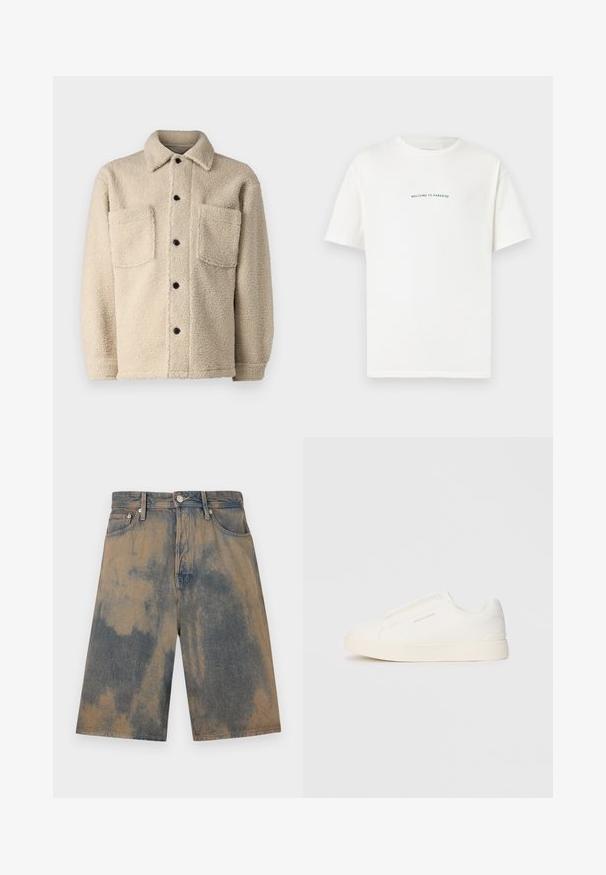 Bežs, flīsa oderēts mētelis ar apkakli, divām priekšējām kabatām un melniem pogu aizdariem. Strukturēta auduma ar redzamām šuvēm detaļām.; Baltā kokvilnas T-kreklā ar īsām piedurknēm un apaļu kakla izgriezumu. Centrāls teksts lasa "LAIPNI LŪDZAM PARADĪZĒ" zaļā, izliekta fontā.; Denim šorti ar izbalējušu zilu un bēša krāsas tīkla efektu, ar klasisko piecu kabatu dizainu un metāla detaļām.; Baltas slip-on sporta apavi ar teksturētu virsmu, biezu zoli un minimālistisku dizainu. Sānos redzams zīmola logotips.