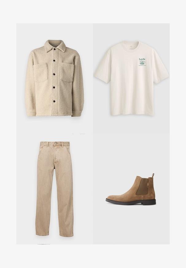 Beige bunda s fleecovou podšívkou, s límcem, dvěma předními kapsami a černými knoflíky. Texturovaná látka s viditelným prošíváním.; Bílé bavlněné tričko s krátkými rukávy, na levé straně hrudi se zeleným logem a nápisem Lev's. Volný střih, hladká textura.; Béžové džíny z denimu se středně širokým střihem, vybavené předními kapsami, kovovým zapínáním na knoflík a jemnou texturou.; Hnědé semišové Chelsea boty s elastickými postranními panely a poutkem na patě. Mají zaoblenou špičku a plochou gumovou podrážku pro stabilitu.