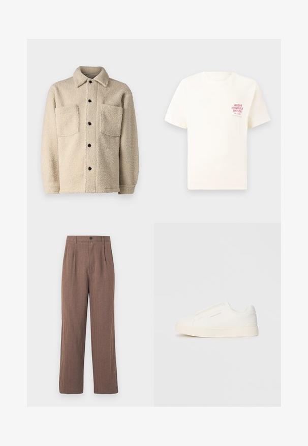 Šviesiai rudas, vilnos pamušalu striukė su apykakle, dviem priekinėm kišenėm ir juodais sagomis. Teksūruotas audinys su matomais siuvimo detalėmis.; Balta trumpa rankovėmis marškinėliai su raudonu užrašu "Studio Originals Edition" kairiajame krūtinės šone, rodomi neutralioje pilkoje aplinkoje.; Rudos, plačios kojų kelnės, pagamintos iš tekstūruoto audinio, su priekyje esančiomis klostėmis ir mygtuko uždarymu juosmens srityje. Prisiūtas dizainas su švariomis liniijomis.; Baltos slip-on sportbačiai su tekstūruota paviršiumi, storesniu padu ir minimalistišku dizainu. Šone matosi prekės ženklo logotipas.