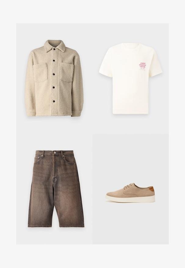 Bežs, flīsa oderēts mētelis ar apkakli, divām priekšējām kabatām un melniem pogu aizdariem. Strukturēta auduma ar redzamām šuvēm detaļām.; Balts īsām piedurknēm T-krekls ar sarkanu tekstu "Studio Originals Edition" uz kreisā krūšu, pakārtots neitrālā pelēkā fonā.; Džinsu šorti izbalinātā brūnā krāsā ar taisnu griezumu. Iespējas piecas kabatas, jostas cilpas un pogu aizdare jostasvietā.; Beige zamšādas kedas ar noapaļotu purngala daļu, auklēm saplacinātu priekšpusi un teksturētu aizmugures akcentu. Balta gumijas zole nodrošina kontrastu. Vienkāršs un mūsdienīgs dizains.