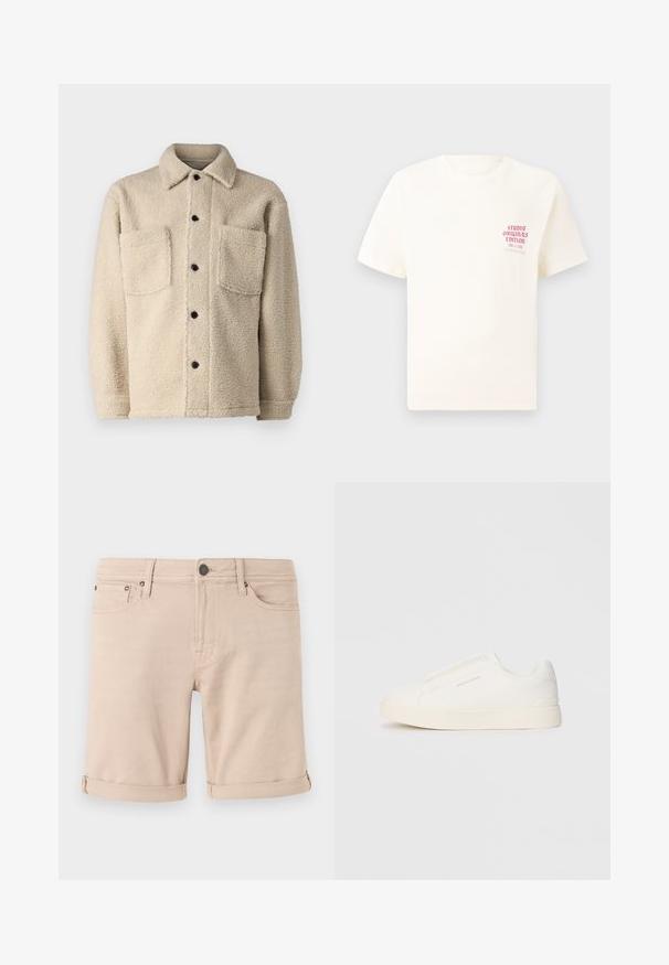 Beige, fleecegefütterte Jacke mit Kragen, zwei Fronttaschen und schwarzen Knöpfen. Texturiertes Material mit sichtbaren Nähten.; Weißes T-Shirt mit kurzen Ärmeln und rotem Text "Studio Originals Edition" auf der linken Brust, präsentiert vor einem neutralen grauen Hintergrund.; Beige Denim-Shorts mit geradem Schnitt, mit umgeschlagenen Säumen, zwei vorne Taschen und einer kleinen Tasche hinten. Hergestellt aus strapazierfähigem Stoff.; Weiße Slip-On-Sneaker mit einer strukturierten Oberfläche, dicker Sohle und minimalistischem Design. Mit Logo der Marke an der Seite.