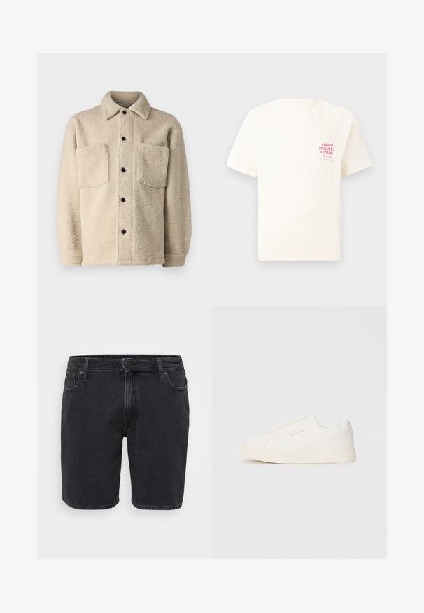 Bežs, flīsa oderēts mētelis ar apkakli, divām priekšējām kabatām un melniem pogu aizdariem. Strukturēta auduma ar redzamām šuvēm detaļām.; Balts īsām piedurknēm T-krekls ar sarkanu tekstu "Studio Originals Edition" uz kreisā krūšu, pakārtots neitrālā pelēkā fonā.; Melni džinsu šorti ar klasisku dizainu, kas ietver priekšējo pogu aizsegu, jostas cilpas un piecu kabatu stilu. Nedaudz izbalējusi tekstūra.; Baltas slip-on sporta apavi ar teksturētu virsmu, biezu zoli un minimālistisku dizainu. Sānos redzams zīmola logotips.