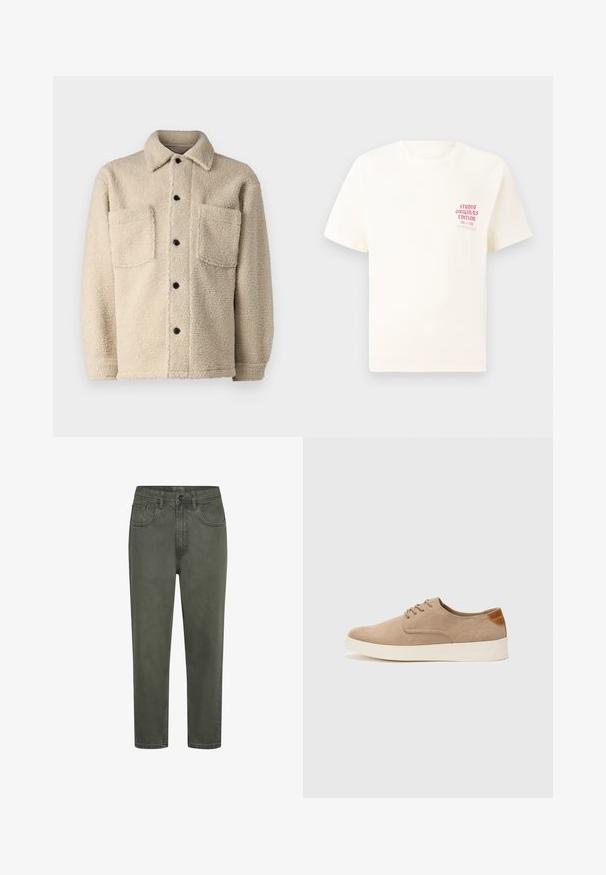 Giacca beige foderata in pile con colletto, due tasche frontali e chiusure a bottoni nere. Tessuto testurizzato con dettagli di cucitura visibili.; T-shirt bianco a maniche corte con testo rosso "Studio Originals Edition" sul lato sinistro del petto, esposto su uno sfondo grigio neutro.; Chinos verdi in cotone con silhouette dritta, dotati di passanti per cintura, tasche frontali e chiusura a bottoni. Tessuto liscio con cuciture minime.; Sneaker in suede beige con punta arrotondata, stringhe davanti e un accento testurizzato sul retro. La suola in gomma bianca offre un contrasto. Design semplice e moderno.