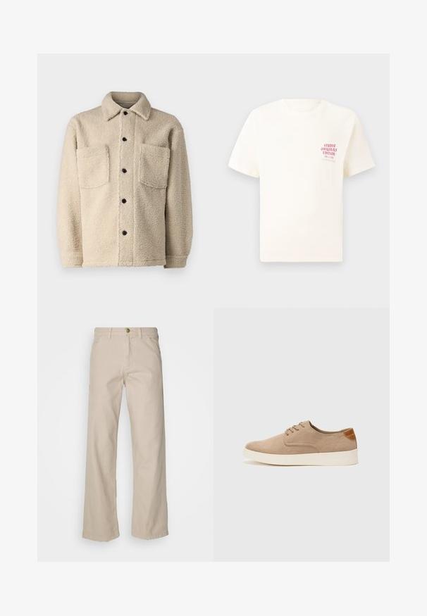 Beige, fleecegefütterte Jacke mit Kragen, zwei Fronttaschen und schwarzen Knöpfen. Texturiertes Material mit sichtbaren Nähten.; Weißes T-Shirt mit kurzen Ärmeln und rotem Text "Studio Originals Edition" auf der linken Brust, präsentiert vor einem neutralen grauen Hintergrund.; Beige Baumwollweite Hosen mit fünf Taschen, einem Knopfverschluss und Gürtelschlaufen; glatte Textur mit geradem Schnitt und Saum.; Beige Wildleder-Sneaker mit runder Zehenpartie, Schnürung und strukturiertem Rückenteil. Die weiße Gummisohle sorgt für einen Kontrast. Einfaches und modernes Design.