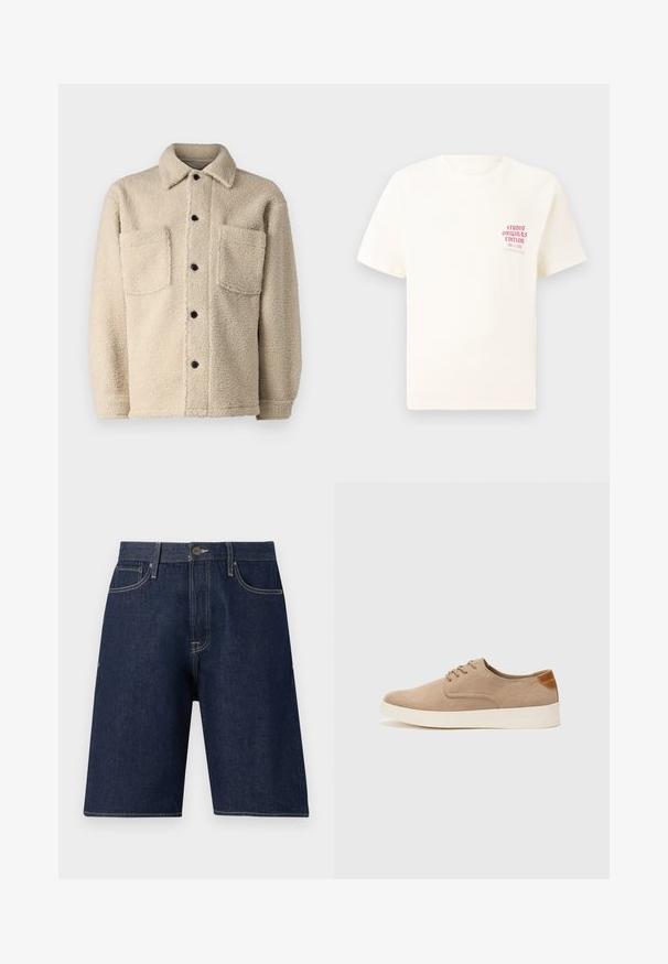 Beige, bolyhos bélésű dzseki gallérral, két elülső zsebbel és fekete gombokkal. Texturált anyag, látható varrás részletekkel.; Fehér, rövid ujjú póló, bal mellen piros szöveggel "Studio Originals Edition", semleges szürke háttér előtt.; Sötétkék farmer rövidnadrág egyenes szabással, gombos záródással, övhurkokkal és tónusos varrással. Nincs látható minta vagy díszítés.; Beige velúr sportcipő, kerek orral, fűzős elülső résszel és textúrált hátsó részlettel. Fehér gumitalp kontrasztot ad. Egyszerű és modern design.