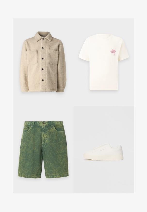 Beige, fleece-lined jacket with a collar, two front pockets, and black button closures. Textured fabric with visible stitching detail.; White short-sleeve T-shirt with red text "Studio Originals Edition" on left chest, displayed on a neutral gray background.; Green corduroy shorts featuring a textured ribbed pattern, five-pocket design, and button closure. Subtle lighter accents throughout.; White slip-on sneakers with a textured surface, a thick sole, and minimalistic design. Features brand logo on the side.