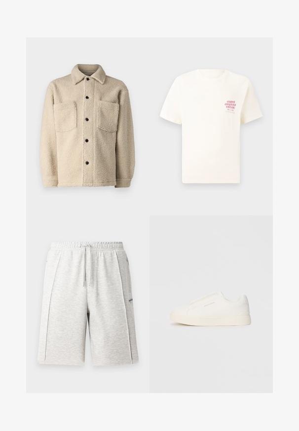 Bežs, flīsa oderēts mētelis ar apkakli, divām priekšējām kabatām un melniem pogu aizdariem. Strukturēta auduma ar redzamām šuvēm detaļām.; Balts īsām piedurknēm T-krekls ar sarkanu tekstu "Studio Originals Edition" uz kreisā krūšu, pakārtots neitrālā pelēkā fonā.; Gaiši pelēki, vidējas garuma šorti, izgatavoti no mīksta materiāla, ar elastīgu jostasvietu un auklu, kā arī sānu kabatām. Diskrēta logotipa detaļa.; Baltas slip-on sporta apavi ar teksturētu virsmu, biezu zoli un minimālistisku dizainu. Sānos redzams zīmola logotips.