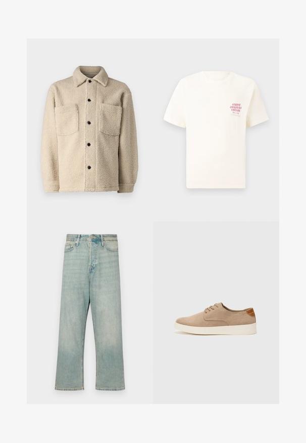 Jachetă bej, căptușită cu fleece, cu guler, două buzunare frontale și închideri cu butoane negre. Material texturat cu detalii de cusătură vizibile.; Tricou alb cu mânecă scurtă, având text roșu "Studio Originals Edition" pe partea stângă a pieptului, expus pe un fundal gri neutru.; Jeans din denim albastru deschis, cu o croială lejeră, picioare drepte și un finisaj decolorat; include o închidere clasică cu nasture și fermoar.; Tenisi din suede bej cu vârf rotund, sistem de șireturi în față și un accent texturat în spate. Talpa albă din cauciuc oferă un contrast. Design simplu și modern.