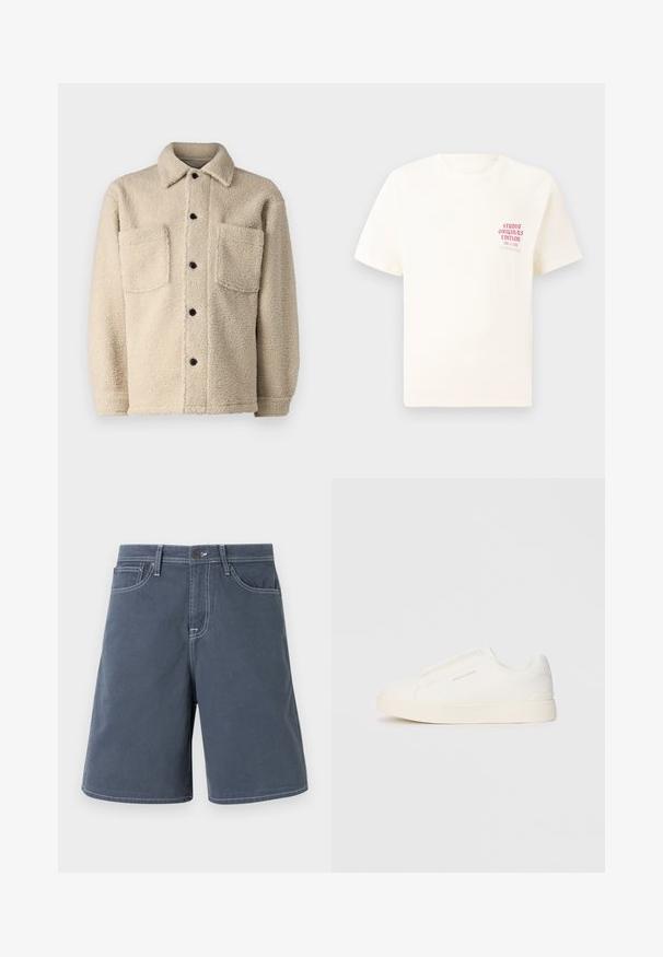 Béžová bunda z fleecu s podšívkou, s golierom, dvoma prednými vreckami a čiernymi gombíkmi na zapínanie. Textúrovaná tkanina s viditeľnými stehovými detailami.; Biele tričko s krátkym rukávom s červeným textom "Studio Originals Edition" na ľavej hrudi, zobrazené na neutrálnom šedom pozadí.; TEMNE MODRÉ KRAŤASY Z BAVLNY S BIELYM ŠITÍM, PIATIMI VREDCAMI A GOMBÍKOM V PASE. Rovné nohavice, minimálne detaily.; Biele slip-on tenisky s textúrovaným povrchom, hrubou podrážkou a minimalistickým dizajnom. Obsahuje logo značky na boku.