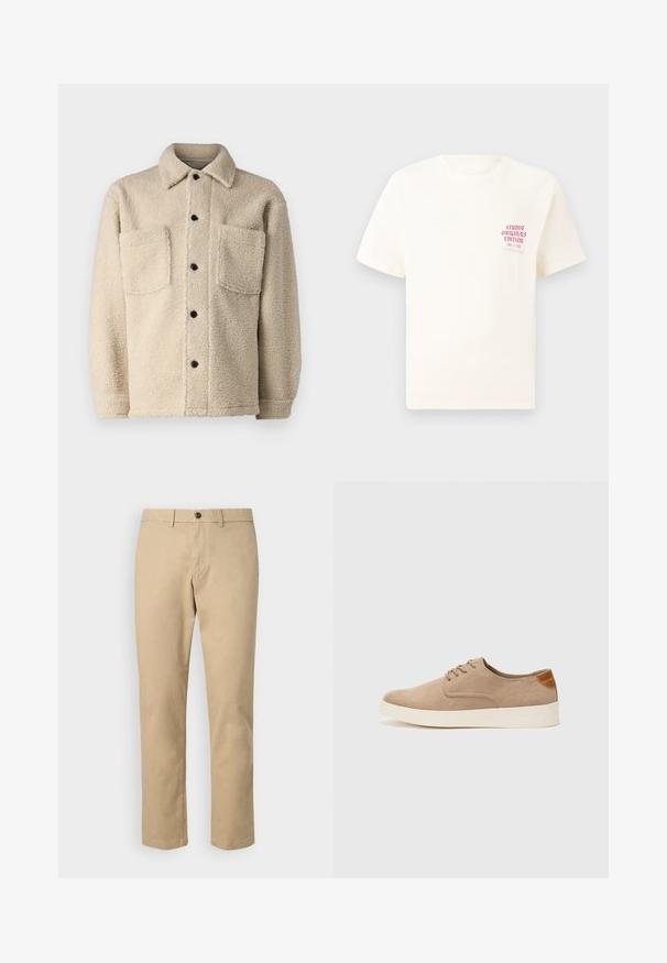 Beige, bolyhos bélésű dzseki gallérral, két elülső zsebbel és fekete gombokkal. Texturált anyag, látható varrás részletekkel.; Fehér, rövid ujjú póló, bal mellen piros szöveggel "Studio Originals Edition", semleges szürke háttér előtt.; GAP SLIM PERFORMANCE STRETCH - Vászonnadrágok - khaki; Beige velúr sportcipő, kerek orral, fűzős elülső résszel és textúrált hátsó részlettel. Fehér gumitalp kontrasztot ad. Egyszerű és modern design.