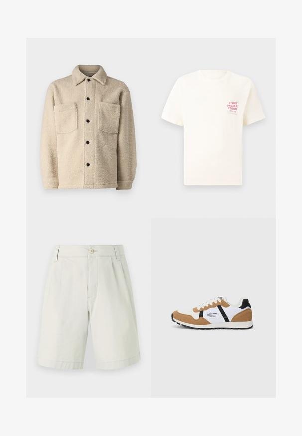Beige, bolyhos bélésű dzseki gallérral, két elülső zsebbel és fekete gombokkal. Texturált anyag, látható varrás részletekkel.; Fehér, rövid ujjú póló, bal mellen piros szöveggel "Studio Originals Edition", semleges szürke háttér előtt.; Világosszürke pamut rövidnadrág, lapos elejű, gombos záródással, két oldalzsebbel és egyenes szárú kialakítással. Simaság, térd alá érő hossz.; Retro stílusú sportcipő fehér, bézs velúrral, fekete akcentussal, fehér fűzőkkel és a "Jack & Jones EST. 1990" logóval az oldalon.