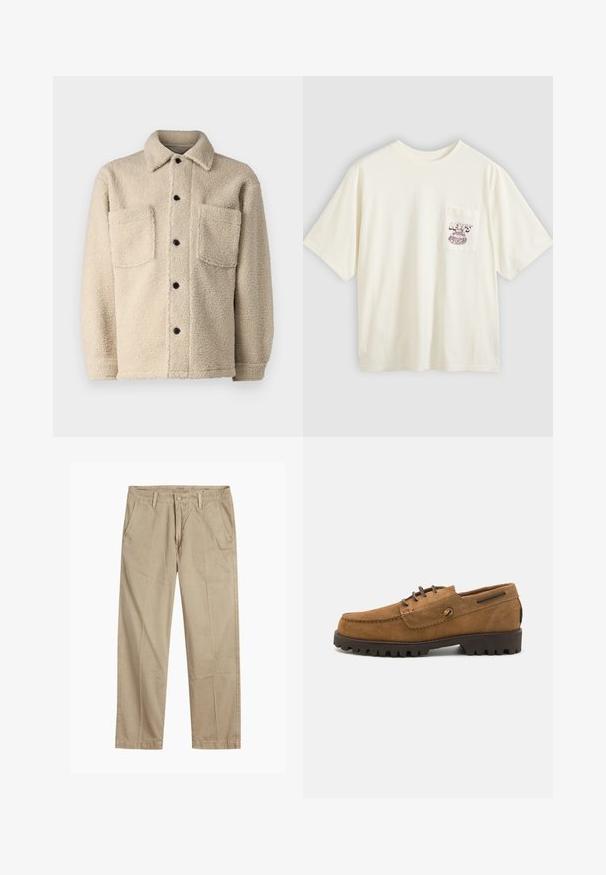 Beige, fleecegefütterte Jacke mit Kragen, zwei Fronttaschen und schwarzen Knöpfen. Texturiertes Material mit sichtbaren Nähten.; Off-white Baumwoll-T-Shirt mit kurzen Ärmeln, ausgestattet mit einer linken Brusttasche und bordeauxrotem grafischem Text und Design. Lockerer Schnitt und Rundhalsausschnitt.; Beige gerade geschnittene Chinos mit Gürtelschlaufen, vorderem Knopf- und Reißverschlussverschluss sowie schrägen Fronttaschen.; Braune Wildlederschuhe mit einer abgerundeten Zehenpartie, kontrastierenden Fadenakzenten und einer strukturierten Gummisohle mit tiefen Profilen für besseren Halt.