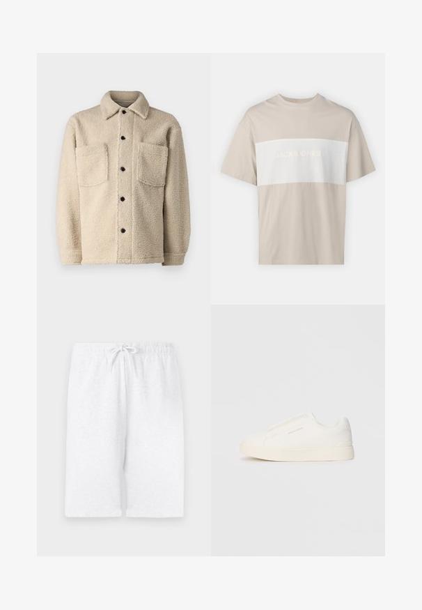 Bežs, flīsa oderēts mētelis ar apkakli, divām priekšējām kabatām un melniem pogu aizdariem. Strukturēta auduma ar redzamām šuvēm detaļām.; Bēšas kokvilnas t-krekls ar baltu horizontālu paneļu, kurā ir uzraksts "JACK & JONES ESSENTIALS WORLDWIDE" reljefā drukā. Īsas piedurknes.; Baltas kokvilnas šorts ar elastīgu jostasvietu un regulējamu auklu. Iespējamais taisnas griezuma un gludas tekstūras. Bez rakstiem vai akcentiem.; Baltas slip-on sporta apavi ar teksturētu virsmu, biezu zoli un minimālistisku dizainu. Sānos redzams zīmola logotips.