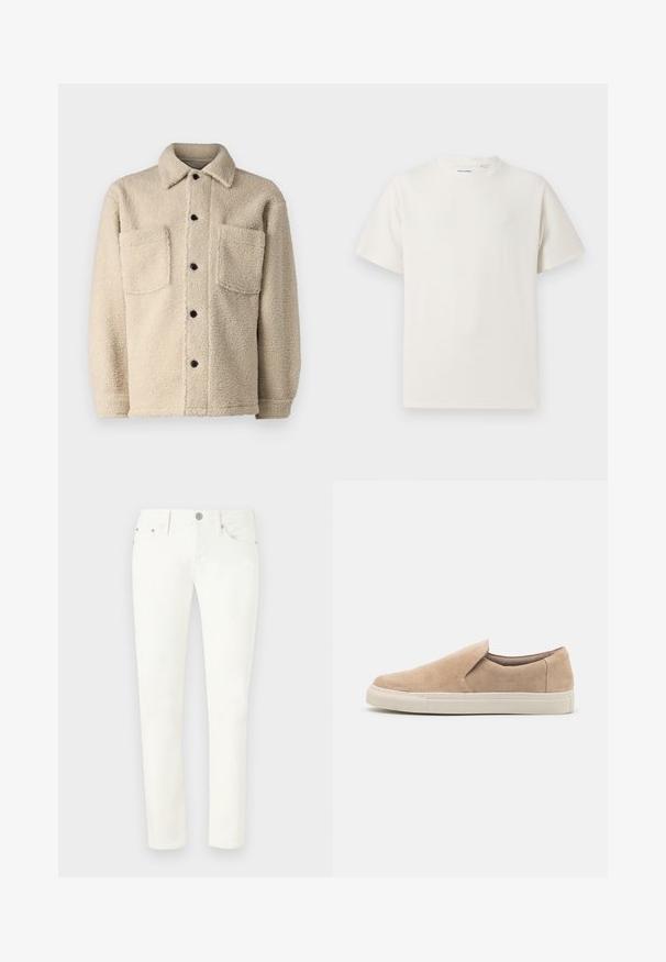 Beige, fleece-lined jacket with a collar, two front pockets, and black button closures. Textured fabric with visible stitching detail.; White short-sleeve T-shirt in a ribbed texture. Round neckline, relaxed fit, no visible patterns or accents. Simple and versatile design.; White denim jeans with a slim fit. Features include five pockets, a front button closure, and metal hardware accents. Smooth texture.; Beige slip-on shoe made of suede, featuring a rounded toe, elastic side, and a white rubber sole with textured accents.