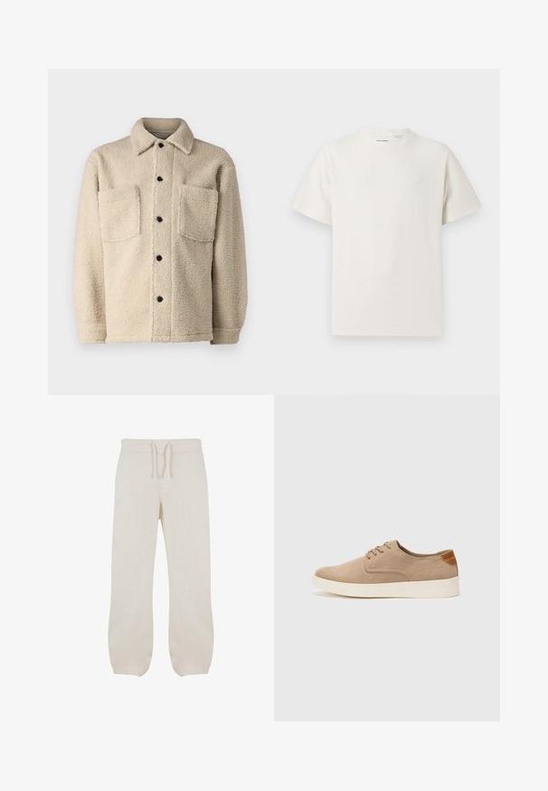 Beige, fleece-lined jacket with a collar, two front pockets, and black button closures. Textured fabric with visible stitching detail.; White short-sleeve T-shirt in a ribbed texture. Round neckline, relaxed fit, no visible patterns or accents. Simple and versatile design.; Light beige linen pants with an elastic waistband and drawstring. Straight leg design with a smooth texture and slight taper at the ankles.; Beige suede sneakers with a rounded toe, lace-up front, and a textured back accent. White rubber sole provides contrast. Simple and modern design.