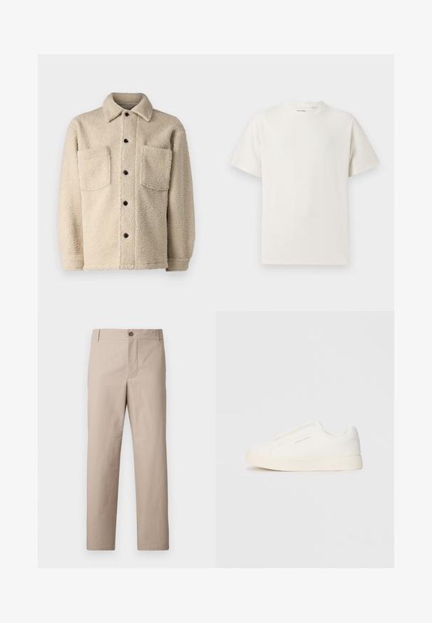 Béžová bunda z fleecu s podšívkou, s golierom, dvoma prednými vreckami a čiernymi gombíkmi na zapínanie. Textúrovaná tkanina s viditeľnými stehovými detailami.; Biela krátka tričko s krátkym rukávom so žebrovanou textúrou. Okrúhly výstrih, uvoľnený strih, žiadne viditeľné vzory ani akcenty. Jednoduchý a všestranný dizajn.; Béžové nohavice s rovnými nohami vyrobené z bavlny. Majú zapínanie na prednom tlačidle, bočné vrecká a čistý dizajn bez ozdôb.; Biele slip-on tenisky s textúrovaným povrchom, hrubou podrážkou a minimalistickým dizajnom. Obsahuje logo značky na boku.
