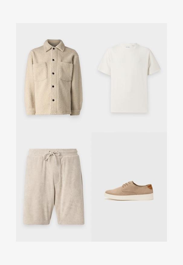 Beige, fleece-lined jacket with a collar, two front pockets, and black button closures. Textured fabric with visible stitching detail.; White short-sleeve T-shirt in a ribbed texture. Round neckline, relaxed fit, no visible patterns or accents. Simple and versatile design.; Beige terry cloth shorts with an elastic waistband and adjustable drawstring. Features a single front pocket and knee-length design.; Beige suede sneakers with a rounded toe, lace-up front, and a textured back accent. White rubber sole provides contrast. Simple and modern design.