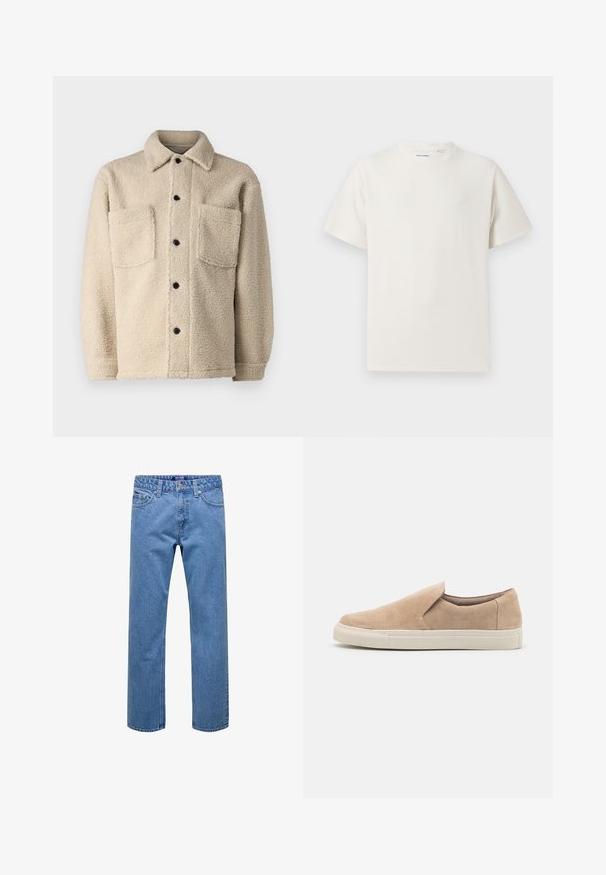 Beige bunda s fleecovou podšívkou, s límcem, dvěma předními kapsami a černými knoflíky. Texturovaná látka s viditelným prošíváním.; Bílý krátký rukáv tričko s pružnou strukturou. Kulatý výstřih, volný střih, bez viditelných vzorů nebo detailů. Jednoduchý a univerzální design.; Světle modré džíny z denimu s rovnými nohavicemi, pěti kapsami a zapínáním na knoflík. Mají texturovanou tkaninu a klasické prošití.; Béžová nazouvací obuv vyrobená z semiše, s kulatou špičkou, elastickými bočními díly a bílou gumovou podrážkou s texturovanými akcenty.