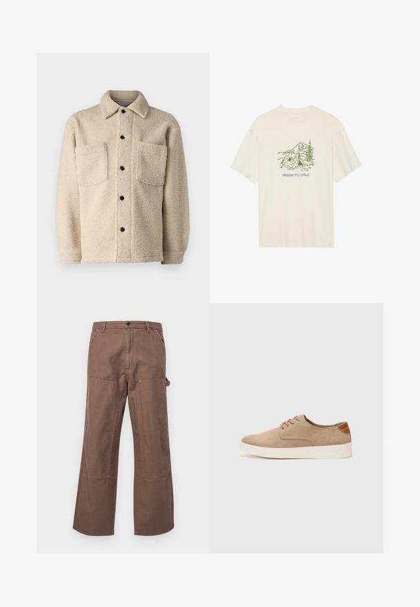Beige, fleeceteppe jakke med krage, to frontlommer og svarte knappefester. Teksturert stoff med synlige sømdetaljer.; Kremfarget bomulls t-skjorte med korte ermer, med grønn campinginspirert grafikk og teksten "PHOENIX 112.0740".; Brune bomullscargo bukser med en avslappet passform, side lommer, og store kne-lapper for ekstra slitestyrke og stil.; Beige semskinnsko med rund tå, snøring foran og en teksturert bakre aksent. Hvit gummisåle gir kontrast. Enkelt og moderne design.