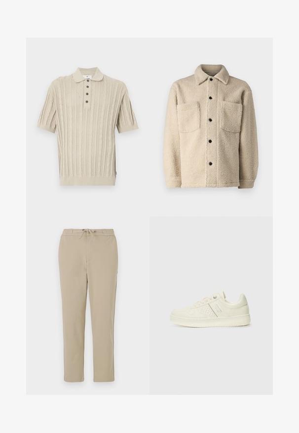 Béžová bunda z fleecu s podšívkou, s golierom, dvoma prednými vreckami a čiernymi gombíkmi na zapínanie. Textúrovaná tkanina s viditeľnými stehovými detailami.; Béžový pletený polo tričko s krátkymi rukávmi, s káblovým vzorom, troch gombíkmi na zapínanie a ribovaným spodným lemom a manžetami.; Béžové pohodlné nohavice s elastickým pásom a šnúrkou, s rovnou nohou a jemnou, hladkou textúrou.; Krémová teniska s perforovanými detailmi, šnúrkami a logom na boku, vystavená na jednoduchej bielej pozadí.