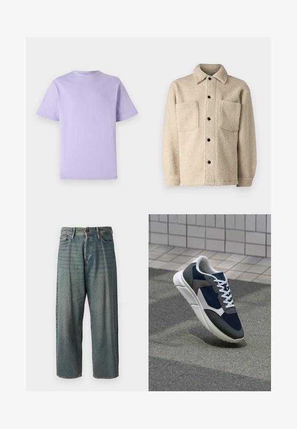 Beige jakke med fleecefleece, krave, to frontlommer og sorte knaplukninger. Tekstiler med synlige sømdetaljer.; Lavendel bomulds T-shirt med korte ærmer, rund hals og en løs pasform. Glat tekstur, ingen mønstre eller udsmykninger.; Lyseblå denim jeans med løs pasform, mellemhøj talje og lige ben. Har fem lommer, bæltestropper og en knappelukning.; Sneakers med en overdel i marineblå mesh, grå suedeteksturer, hvid gummisål og flade hvide snørebånd, designet til komfort og åndbarhed.