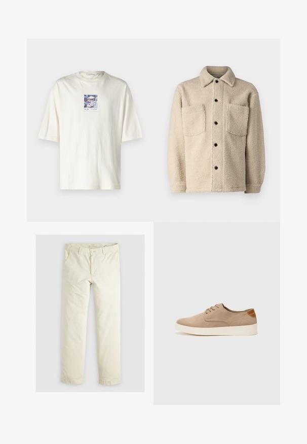 Beige bunda s fleecovou podšívkou, s límcem, dvěma předními kapsami a černými knoflíky. Texturovaná látka s viditelným prošíváním.; Krátký rukáv, krémové tričko vyrobené z bavlny, s čtvercovým grafickým motivem uprostřed zobrazujícím scénu z ulice New Yorku. Standardní design s klasickým kulatým výstřihem.; Svetlé béžové volné kalhoty s třemi kapsami, poutky na opasek a rovnými nohavicemi. Vyrobeno z měkké směsi bavlny.; Béžové semišové tenisky s kulatou špičkou, šněrováním vpředu a texturovaným zadním akcentem. Bílá gumová podrážka poskytuje kontrast. Jednoduchý a moderní design.