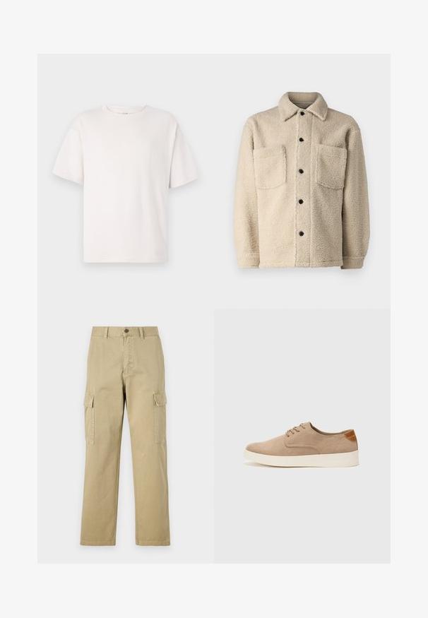 Béžová bunda z fleecu s podšívkou, s golierom, dvoma prednými vreckami a čiernymi gombíkmi na zapínanie. Textúrovaná tkanina s viditeľnými stehovými detailami.; Biele tričko s krátkym rukávom vyrobené z jemnej bavlny. Má okrúhly výstrih a voľný strih. Hladká textúra bez vzorov alebo akcentov.; Bežové cargo nohavice vyrobené z bavlny, s dvoma bočnými vreckami, zapínaním na gombík a rovným strihom s mierne textúrovanou tkaninou.; Béžové semišové tenisky s okrúhlou špičkou, šnurovaním vpredu a textúrovaným zadným akcentom. Biela gumová podrážka poskytuje kontrast. Jednoduchý a moderný dizajn.
