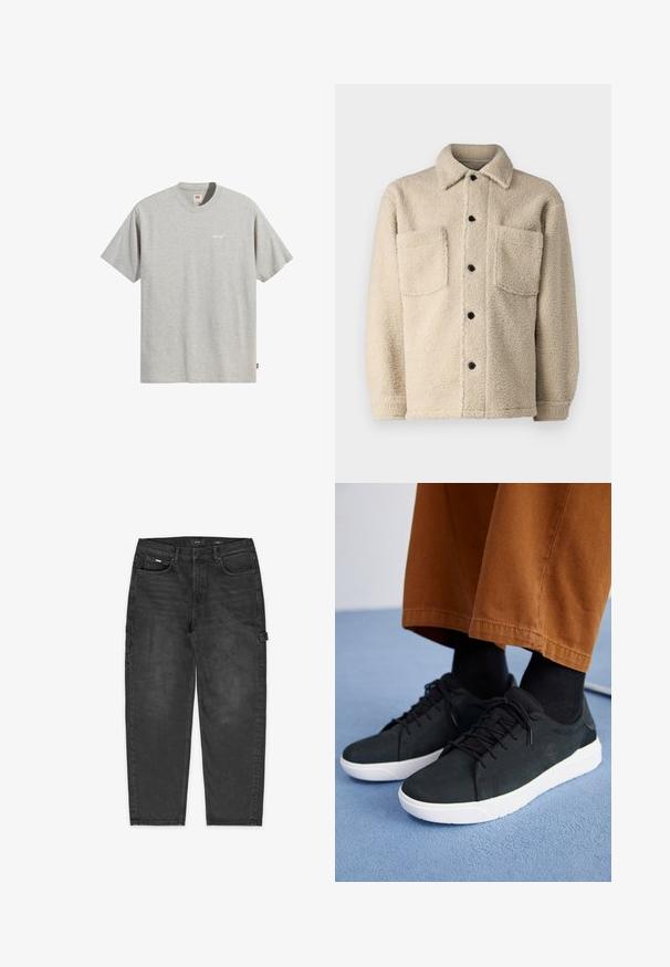 Beige bunda s fleecovou podšívkou, s límcem, dvěma předními kapsami a černými knoflíky. Texturovaná látka s viditelným prošíváním.; Šedé bavlněné tričko s kulatým výstřihem, krátkými rukávy a malým bílým logem "Levi's" na hrudi. Jednoduchý a rovný střih.; Černé denimové cargo kalhoty s uvolněným střihem, viditelným šitím, předními a bočními kapsami a poutkem na stehně pro užitek.; Černé semišové tenisky s bílými gumovými podešvemi, s šněrovacím designem, texturovanými detaily a jemným logem, spárované s hnědými kalhotami.
