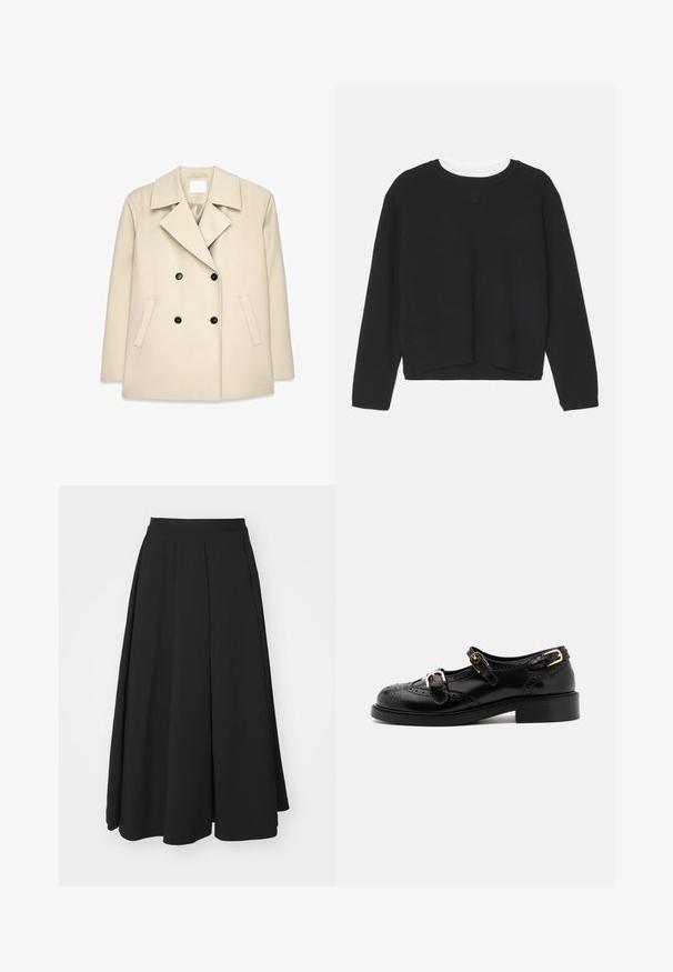 Bēšas divrindas mētelis ar plašu apkakli, melnām pogām un sānu kabatām. Gluda tekstūra, pielāgota piegriezuma forma, nav redzamu rakstu.; Melna sporta krekls ar garām piedurknēm, apaļu kakla izgriezumu un nedaudz īsu apakšmalu. Izgatavots no mīksta auduma, uz priekšpuses ir subtila logotipa detaļa.; Theory IRREG - Plisēti svārki - black; Melnas ādas kurpes ar brogue detaļām, ar diviem sprādžu siksnām, noapaļotu purngalu un zemu papēdi. Gluda tekstūra ar spīdīgu apdari.