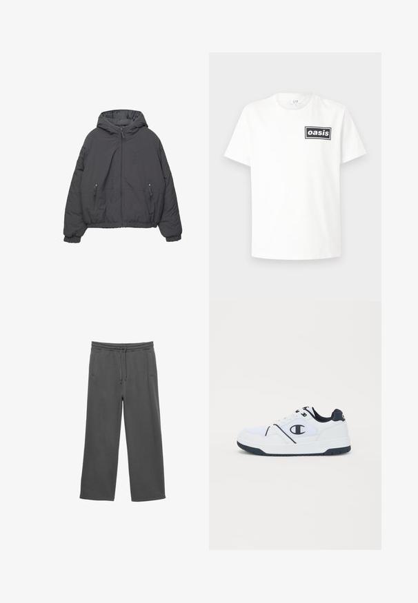 Graue Daunenjacke mit Kapuze, Frontreißverschluss und zwei mit Reißverschluss versehenen Taschen. Verfügt über elastische Bündchen und ein kürzer geschnittenes Design.; Weißes Baumwoll-T-Shirt mit einem schwarzen rechteckigen Logo, auf dem das Wort "oasis" zentriert ist. Kurze Ärmel und ein klassischer Rundhalsausschnitt.; Dunkelgraue, weite Sweatpants mit elastischem Bund, Kordelzug und zwei seitlichen Taschen, auf einem weißen Hintergrund präsentiert.; Weiße Sportschuhe mit navyblauen Akzenten, Obermaterial aus Textil und Synthetik, runde Zehenpartie, strukturierte Sohle und ein Logo an der Seite und der Ferse.
