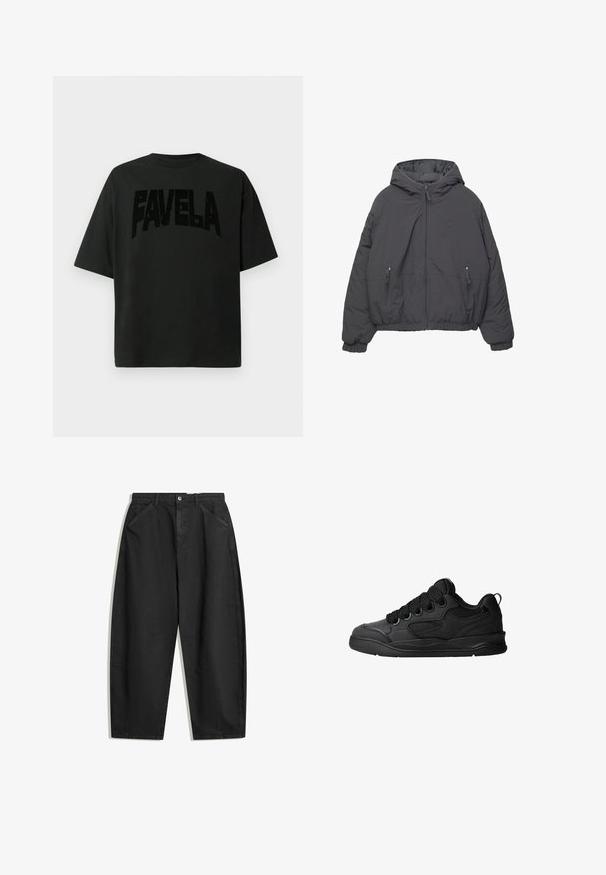 Siva pufasta jakna s kapuco, spredaj na zadrgo, ter dvema žepoma z zadrgo. Ima elastične manšete in zasnovo skrajšanega roba.; Črna bombažna majica z velikim, teksturiranim napisom "FAVELA" spredaj. Kratki rokavi, sproščen kroj, okrogla izrezana vrata, minimalističen dizajn.; Črne široke hlače iz bombaža, ki imajo visok pas, sprednje žepke in diskretne šive. Gladka tekstura brez vzorcev.; Črne superge z teksturiranim zgornjim delom, opremljene z vezalkami, mrežastimi dodatki za zračnost, oblazinjenim ovratnikom in trdnim podplatom.