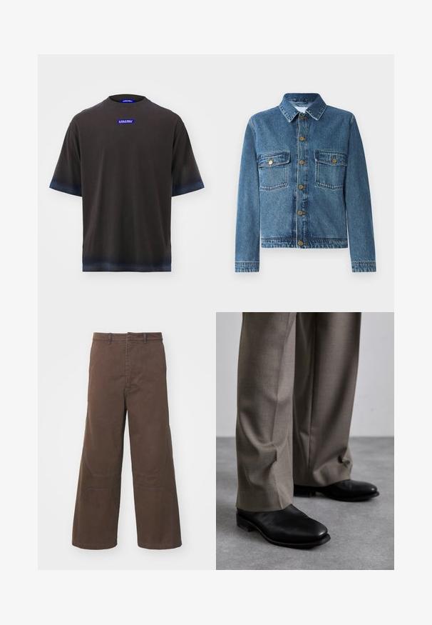 Chaqueta de mezclilla en azul medio, con cierre de botón en la parte delantera, cuatro bolsillos y un collar clásico. Textura suave con detalles cosidos.; A-COLD-WALL* VERGE - Camiseta estampada - brown; Pantalones de pierna ancha marrones hechos de algodón resistente. Cuenta con bolsillos frontales de parche y detalles reforzados en las rodillas para mayor funcionalidad.; Zapatos de cuero negro con diseño de punta afilada, combinados con pantalones de traje gris. Los zapatos tienen un tacón bajo y una textura suave.