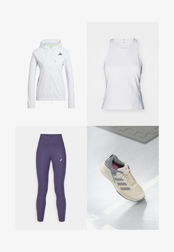 Bílá bunda na zip s kapucí, vyrobená z lehkého materiálu. Obsahuje černé akcenty a náprsní kapsu. Zahrnuje větrací otvory na rukávech.; Bílý bezrukávový sportovní top s kulatým výstřihem, hladkým povrchem a jemným tónovým logem na hrudi. Rovný lem na pase.; ASICS CORE - Běžecké legíny - indigo fog; Béžová sportovní obuv se šedými akcenty, síťovanou svrchní částí a strukturovanou podrážkou. Má tři šedé pruhy a růžové vnitřní detaily.