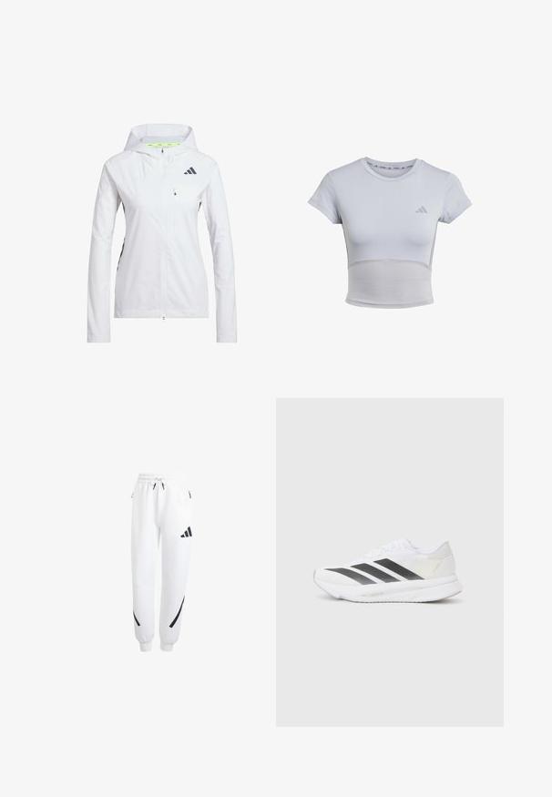 White zip-up jacket with a hood, made of lightweight material. Features black accents and a chest pocket. Includes ventilation holes on sleeves.; adidas Performance Sports T-shirt - halo silver grey; White athletic joggers with a drawstring waist, elastic cuffs, black stripes, and an Adidas logo on the left thigh.; White athletic shoe with black diagonal stripes, mesh upper, rounded toe, and textured sole. Accents include a silver heel and minimalistic design.