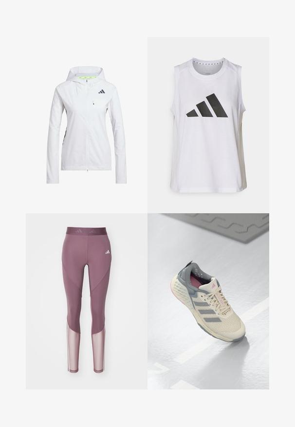 Valkoinen vetoketjullinen takki, jossa on huppu, valmistettu kevyestä materiaalista. Varustettu mustilla yksityiskohdilla ja rintataskulla. Sisältää ilmanvaihtoaukot hihoissa.; Valkoinen hihaton urheilupaita, jossa on pyöreä kaula-aukko. Edessä on suuri musta Adidas-logo, joka koostuu kolmesta raidasta.; adidas Performance Trikoot - shadow fig/white; Beige urheilukenkä, jossa on harmaita yksityiskohtia, verkkokangas päällinen ja teksturoitu pohja. Sisältää kolme harmaata raitaa ja vaaleanpunaiset sisäyksityiskohdat.