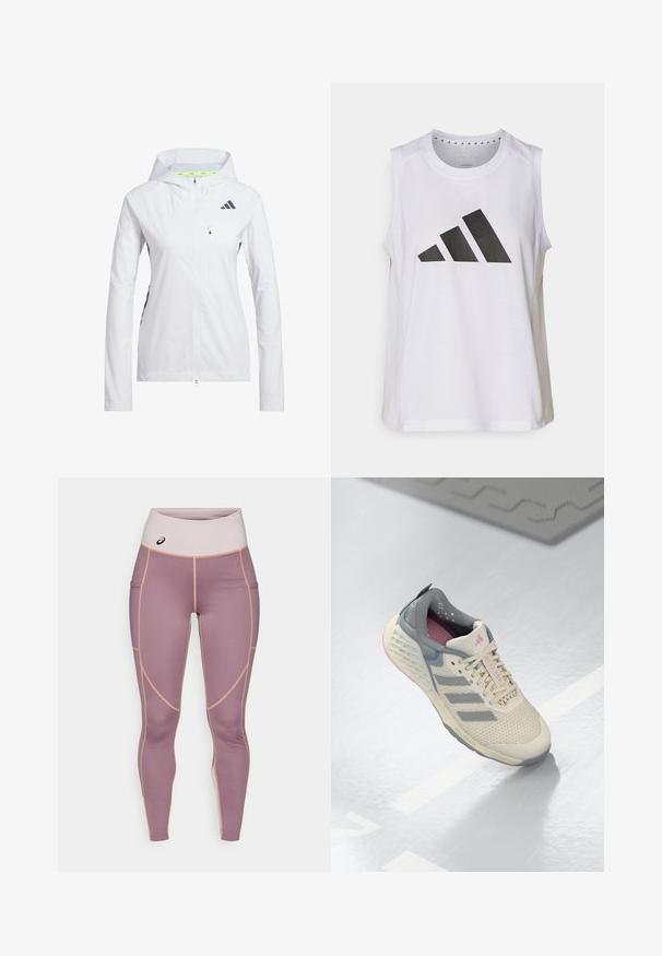 Valkoinen vetoketjullinen takki, jossa on huppu, valmistettu kevyestä materiaalista. Varustettu mustilla yksityiskohdilla ja rintataskulla. Sisältää ilmanvaihtoaukot hihoissa.; Valkoinen hihaton urheilupaita, jossa on pyöreä kaula-aukko. Edessä on suuri musta Adidas-logo, joka koostuu kolmesta raidasta.; Leggings valmistettu sileästä, joustavasta kankaasta vaaleanpurppurassa, beigelle korostuksella. Ominaisuuksina korkea vyötärö ja sivutaskut.; Beige urheilukenkä, jossa on harmaita yksityiskohtia, verkkokangas päällinen ja teksturoitu pohja. Sisältää kolme harmaata raitaa ja vaaleanpunaiset sisäyksityiskohdat.