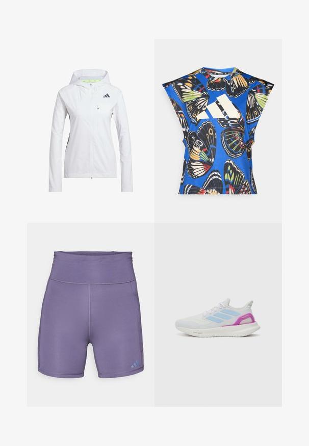 Bijela jakna sa zatvaračem i kapuljačom, napravljena od laganog materijala. Ima crne akcentne detalje i džep na prsima. Uključuje ventilacijske rupe na rukavima.; Plava košulja kratkih rukava s vibrantnim uzorkom leptira u raznim bojama, s velikim bijelim logom sprijeda i okruglim izrezom.; Ljubičaste sportske kratke hlače s visokim pojasom, glatkom teksturom i kontrastnim plavim logotipom na donjoj lijevoj strani. Posjeduju ravne šavove.; adidas Performance PUREBOOST 5 - Tenisice za cestovno trčanje - white/glow blue/purple burst