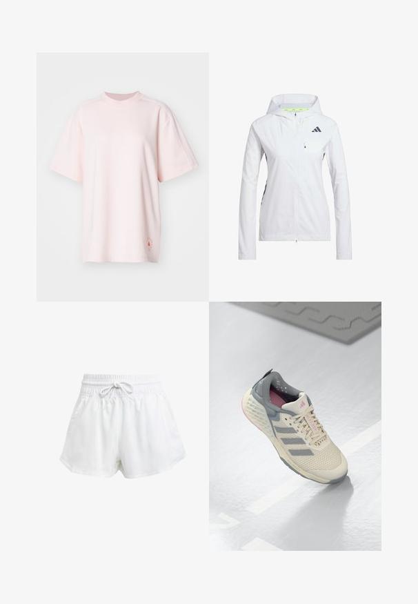 White zip-up jacket with a hood, made of lightweight material. Features black accents and a chest pocket. Includes ventilation holes on sleeves.; adidas by Stella McCartney LOGO TEE - Print T-shirt - pink; White athletic shorts with an elastic waistband and adjustable drawstring. Made from lightweight material, featuring side pockets and a loose fit.; Beige athletic shoe with gray accents, mesh upper, and a textured sole. Features three gray stripes and pink interior details.